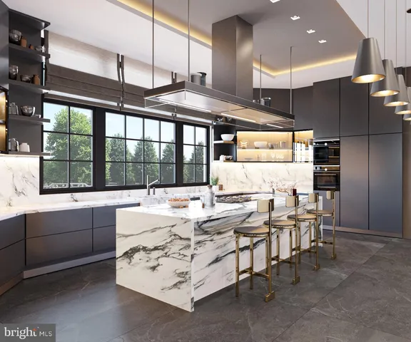 a kitchen with stainless steel appliances kitchen island granite countertop a table and chairs in it