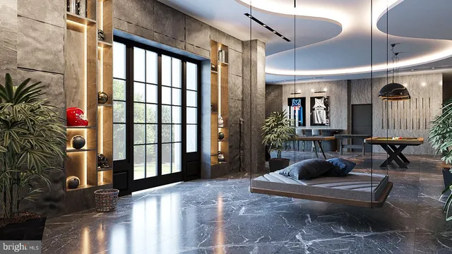 a building outdoor space with patio furniture and potted plants