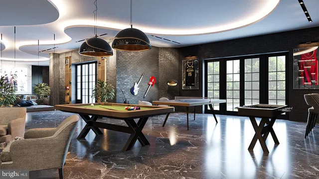 a room with furniture pool table table tennis table soccer and windows