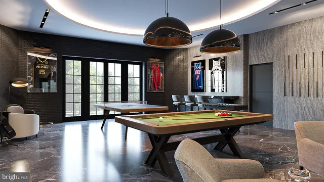 a room with musical instrument pool table and windows