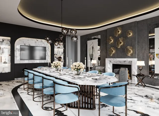 a view of a dining room with furniture and chandelier