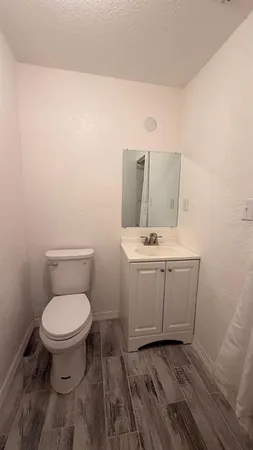 a bathroom with a sink toilet and a mirror