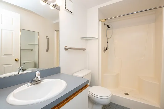 a bathroom with a bathtub shower sink vanity and toilet