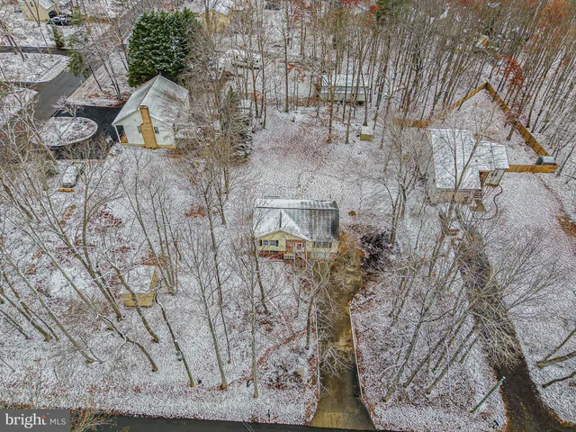 a aerial view of a house with a yard and large trees