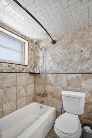 a bathroom with a toilet and a bathtub