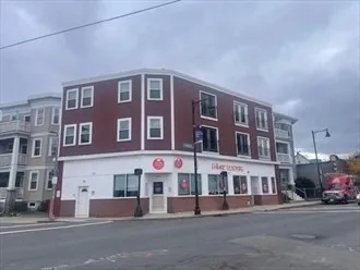 a front view of a building with street