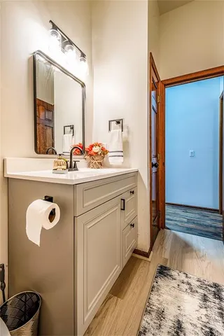 a bathroom with a sink mirror and vanity