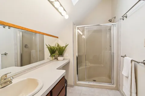 a bathroom with a sink a mirror and a shower