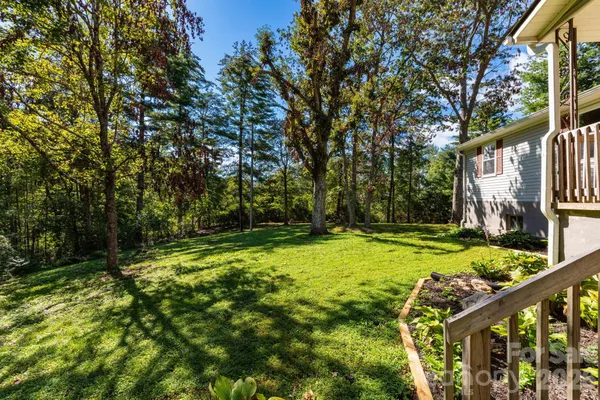 a view of a backyard with large trees