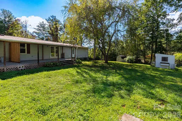 a backyard of a house with potted plants and large tree