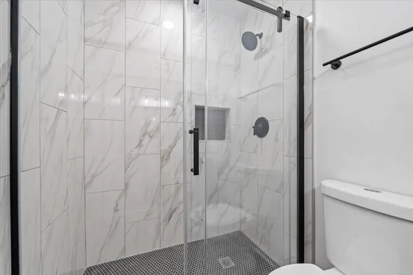 a bathroom with a shower and toilet