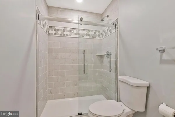a bathroom with a shower and a toilet
