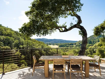 a view of a patio with table and chairs with wooden fence and plants