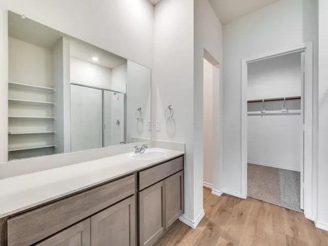 a bathroom with a sink a mirror and a shower