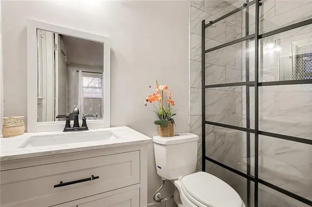 a bathroom with a sink mirror vanity and toilet