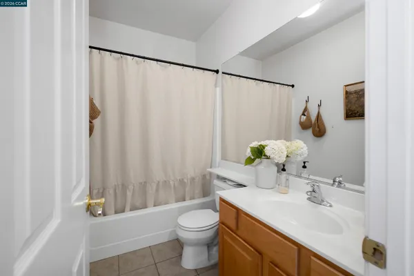 a bathroom with a sink a toilet and shower curtain