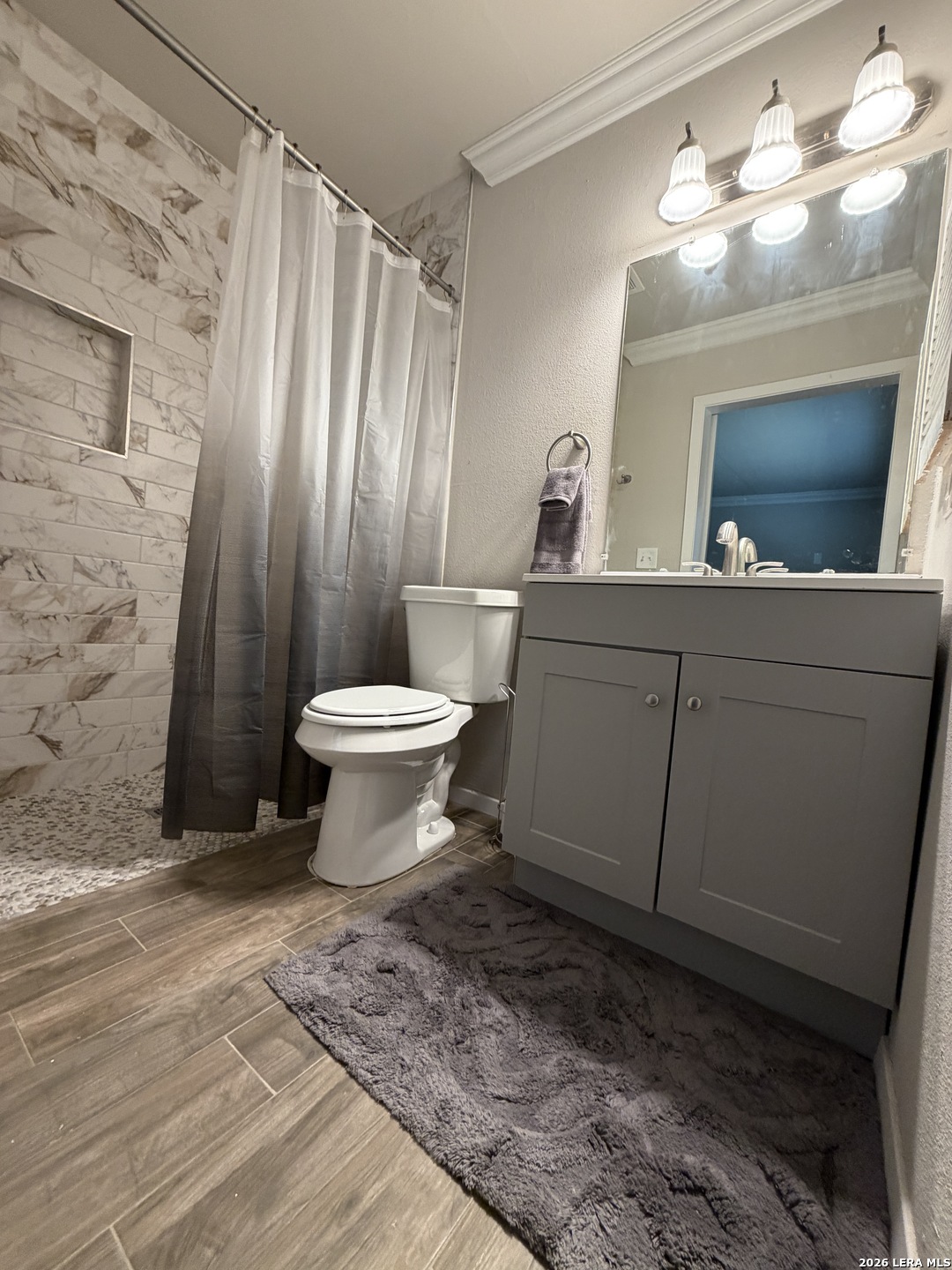 7219 Spring Drops Street San Antonio, TX 78249 - Photo 22 of 37 a bathroom with a sink a toilet and mirror