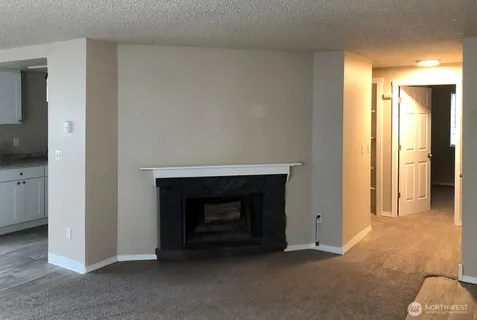 a view of an empty room with a fireplace