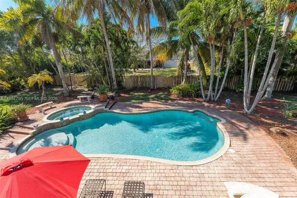 a view of a swimming pool with a yard