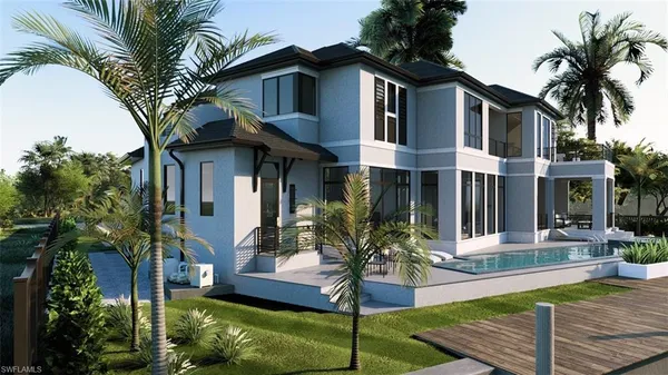 front view of house with a yard and potted plants