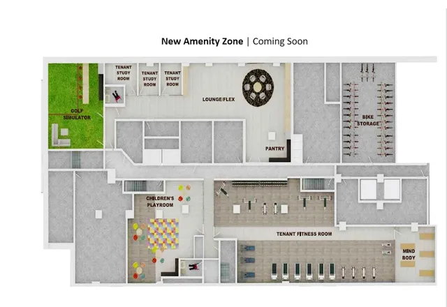 a building outdoor space with patio couches and a potted plant