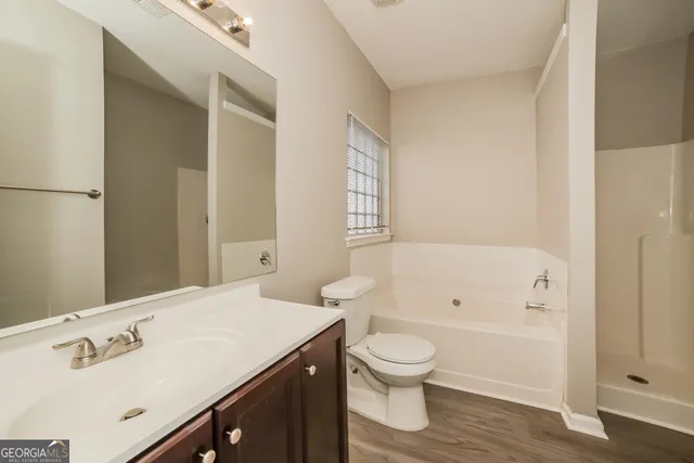 a bathroom with a bathtub shower sink vanity and a toilet