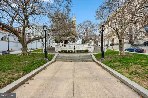a view of park with large trees