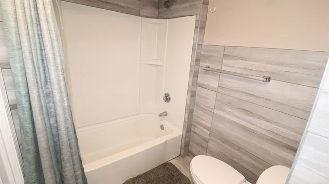 a bathroom with a toilet and bathtub