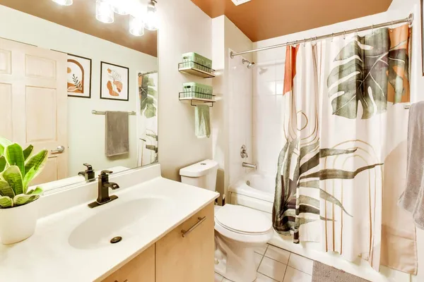 a bathroom with a sink a toilet and a mirror