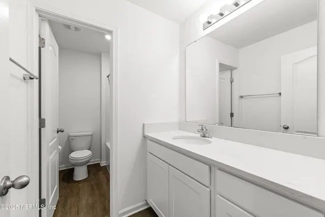 a bathroom with a sink a toilet and a large mirror