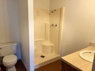 a bathroom with a granite countertop sink toilet and shower