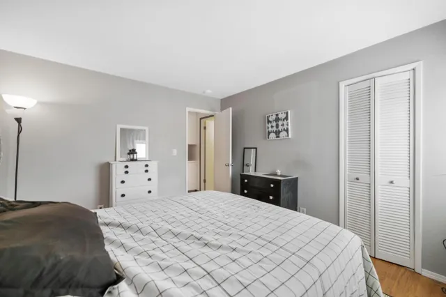 a bedroom with a bed and a closet