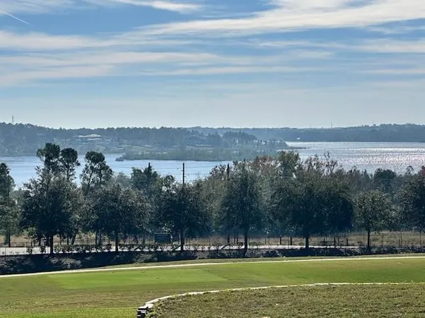 a view of a city with lawn