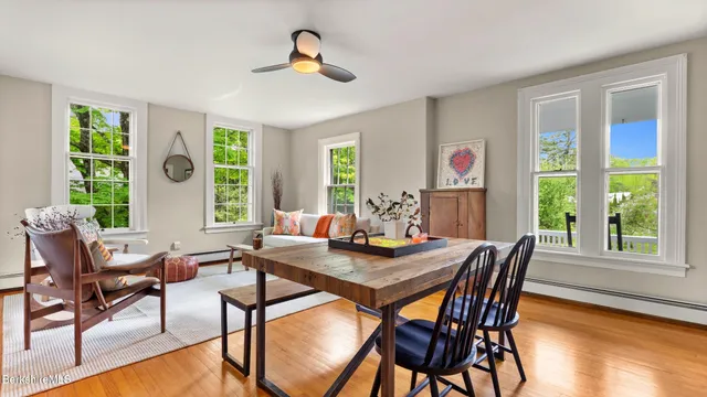 a view of a dining room with furniture window and wooden floor