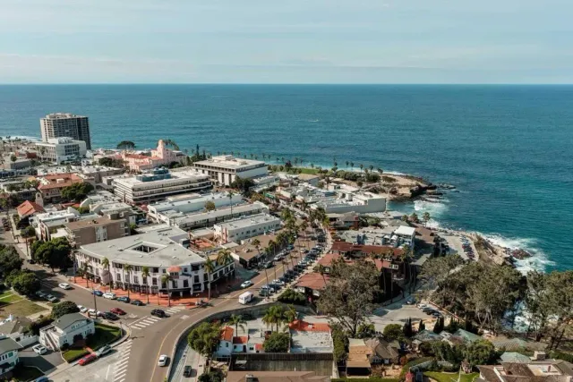 an aerial view of a house with a yard and large trees