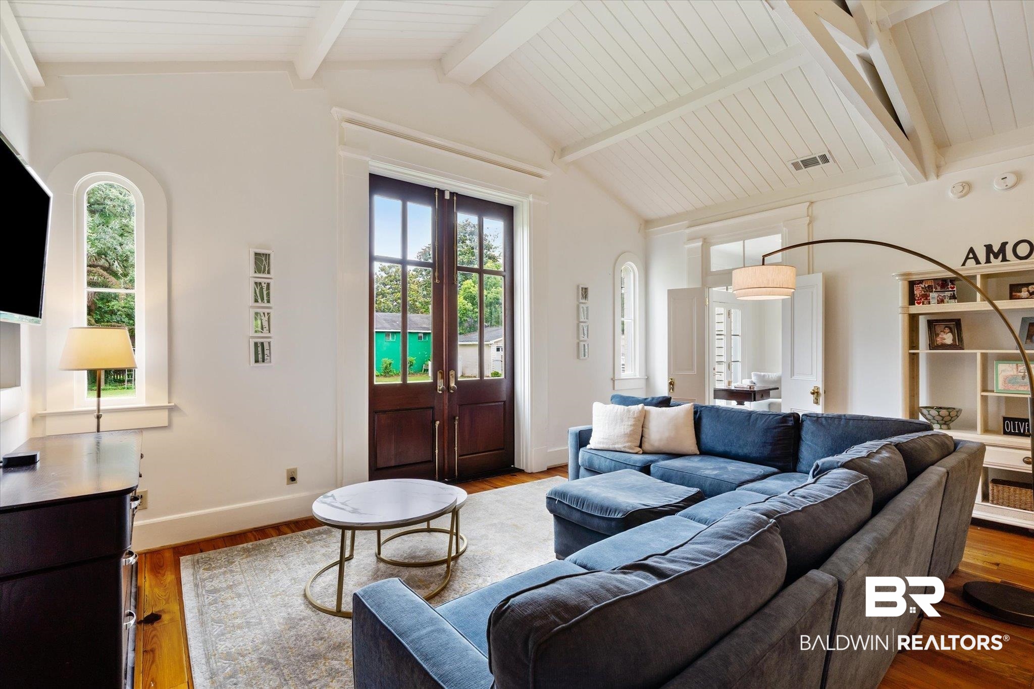 2205 Spring Hill Avenue Mobile, AL 36607 - Photo 15 of 59 Living room with wood-type flooring, lofted ceiling with beams, and french doors