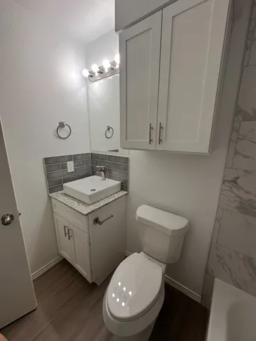 a bathroom with a toilet sink and mirror