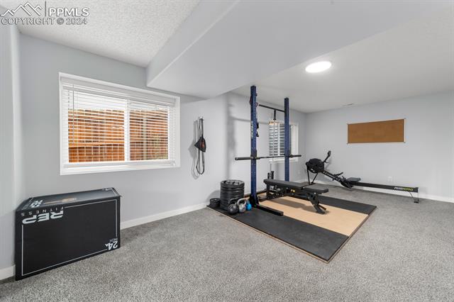 7730 Julynn Road Colorado Springs, CO 80919 - Photo 24 of 48 Workout area featuring a textured ceiling and carpet flooring