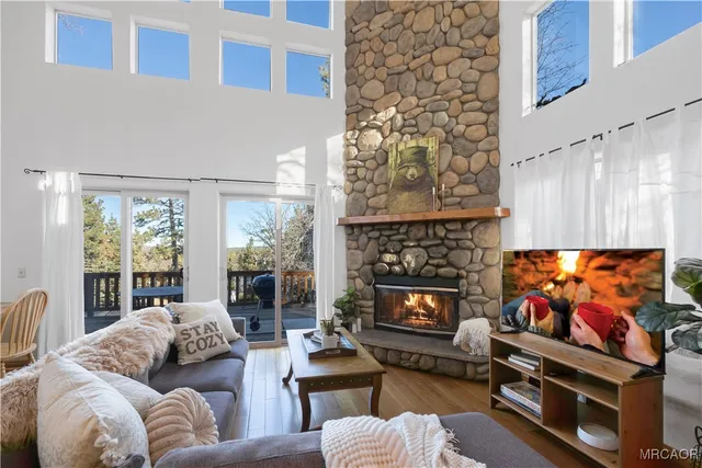 a living room with furniture a fireplace and a floor to ceiling window