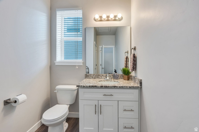 2194 Autumn Drive Mapleton, UT 84664 - Photo 23 of 41 White vanity with brushed nickel hardware, granite-style countertop, and integrated sink