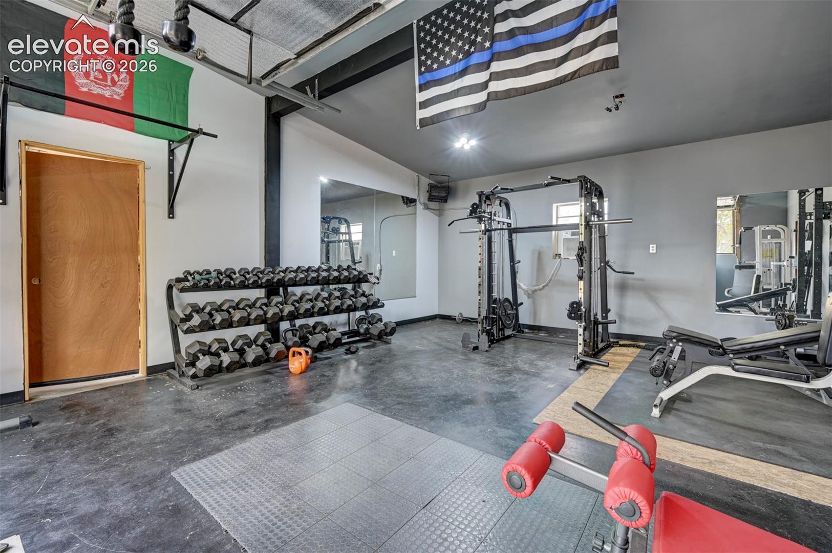 8170 Valli Farm Road Fountain, CO 80817 - Photo 35 of 50 Dedicated fitness area with concrete flooring, wall-mounted mirrors, and track lighting