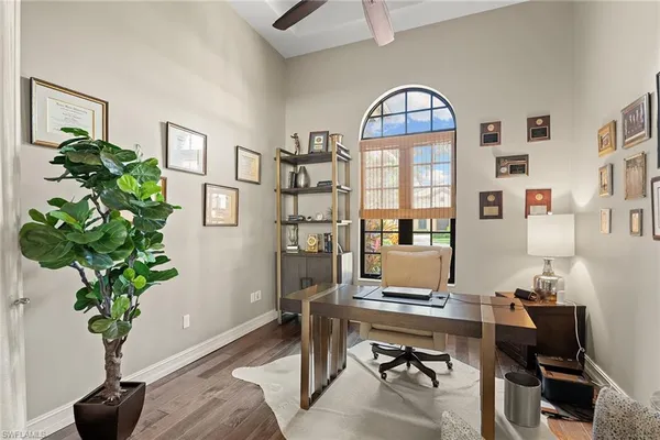 a workspace with furniture and a potted plant
