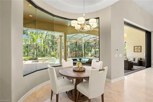 a view of a dining room with furniture wooden floor and chandelier