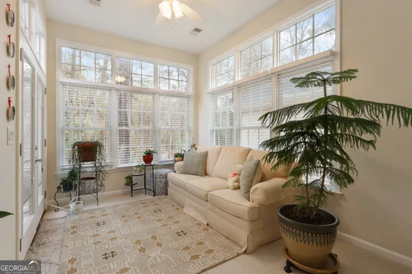 a living room with furniture and a potted plant