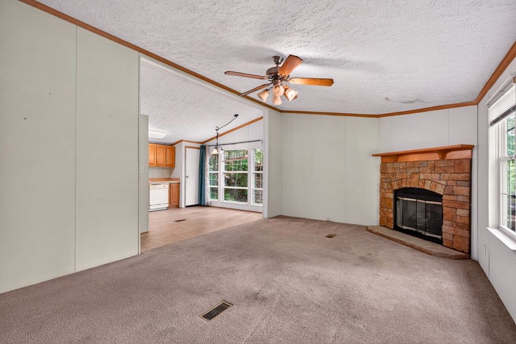 282 West Cherry Road Hayesville, NC 28904 - Photo 8 of 45 an empty room with windows fireplace and fan