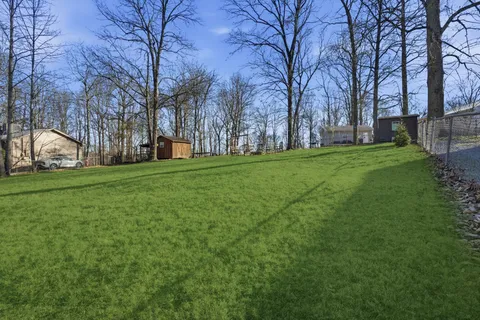 a view of a trees with a house in the background