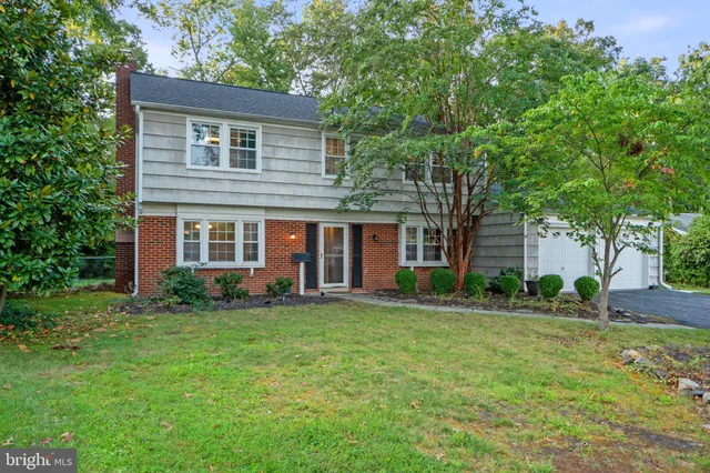 a view of a yard in front of a house with plants and large tree