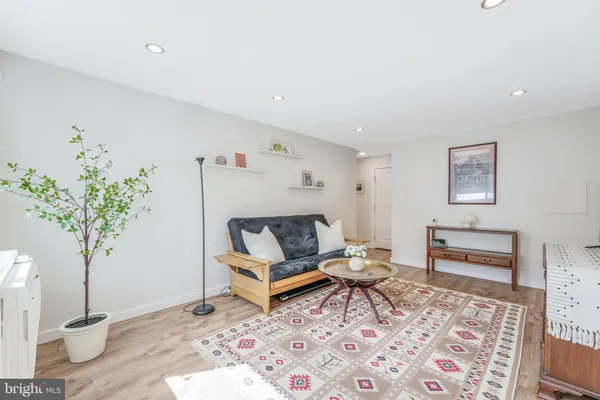 a living room with furniture and a potted plant