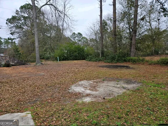 a view of dirt field with trees