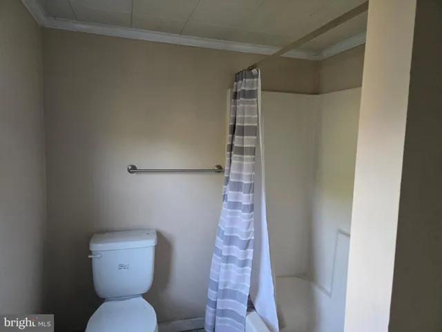 a bathroom with a toilet and a shower